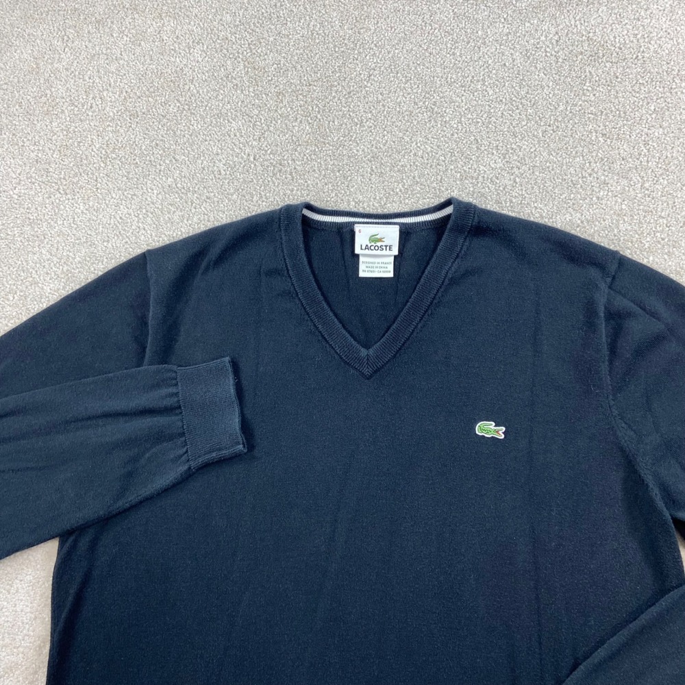 Lacoste Sweater‎ Mens 6 XL Black V-Neck Cotton Crocodile Logo Pullover